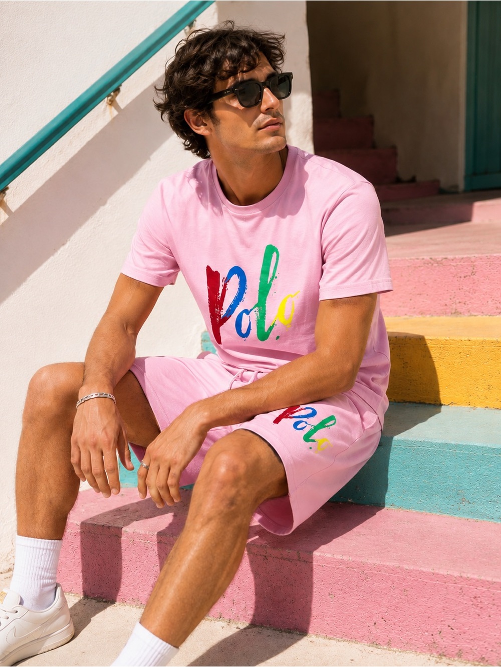 Polo Ralph Lauren Men's Pink Rainbow Spellout Cotton T-Shirt & Shorts Lounge Set